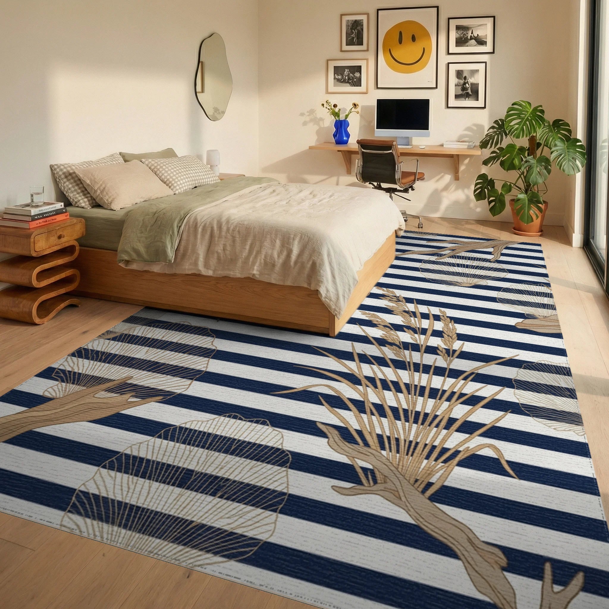 Golden Reeds and Driftwood Stripes Rug Bedroom View