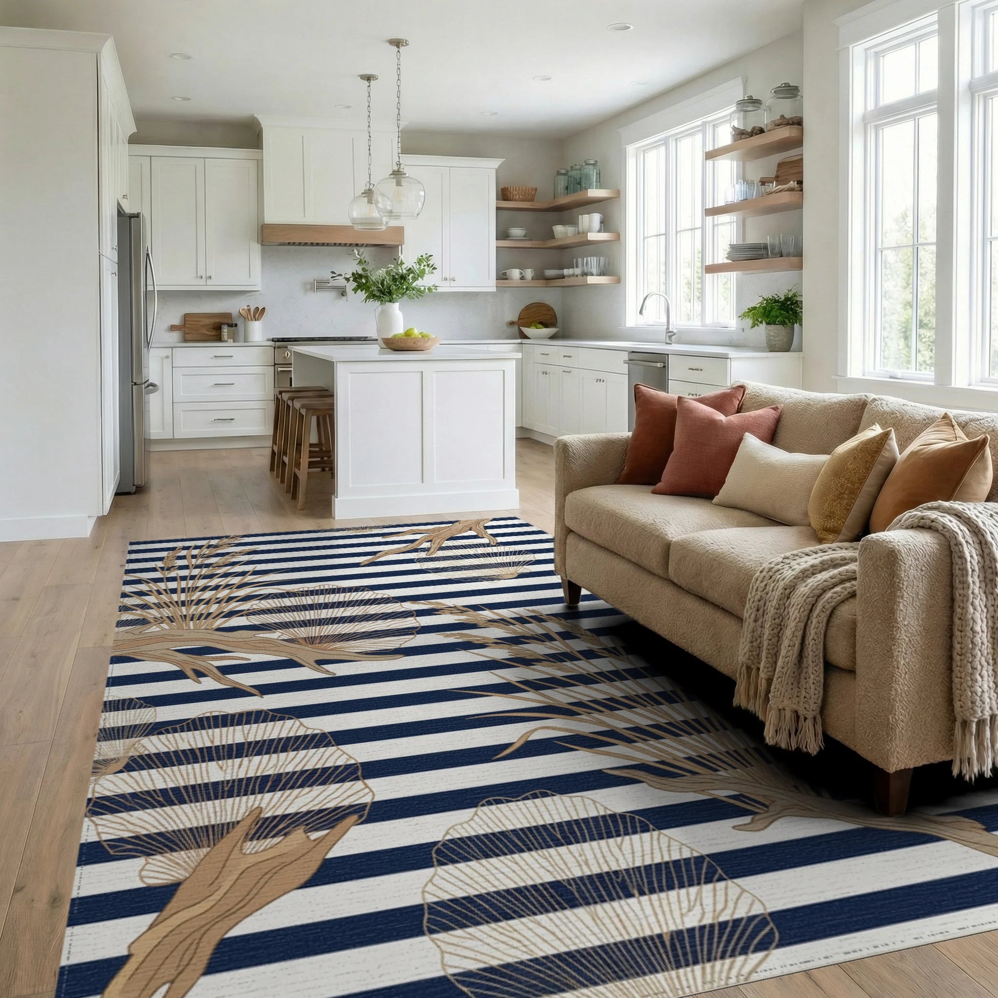 Golden Reeds and Driftwood Stripes Rug Living Room View