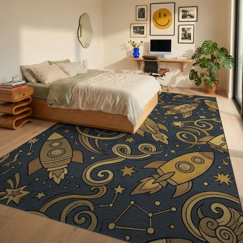 Golden Rockets Swirling Cosmic Nebula Rug Bedroom View