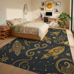 Golden Rockets Swirling Cosmic Nebula Rug Bedroom View