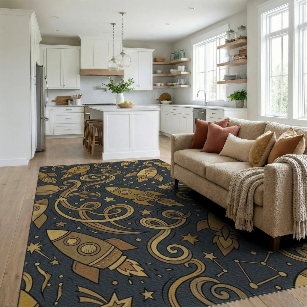 Golden Rockets Swirling Cosmic Nebula Rug Living Room View