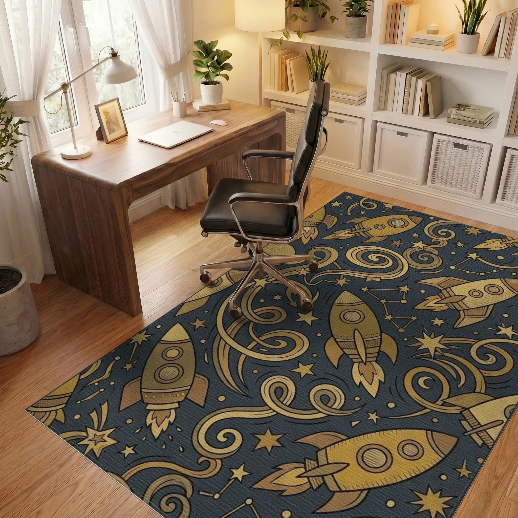 Golden Rockets Swirling Cosmic Nebula Rug Office View