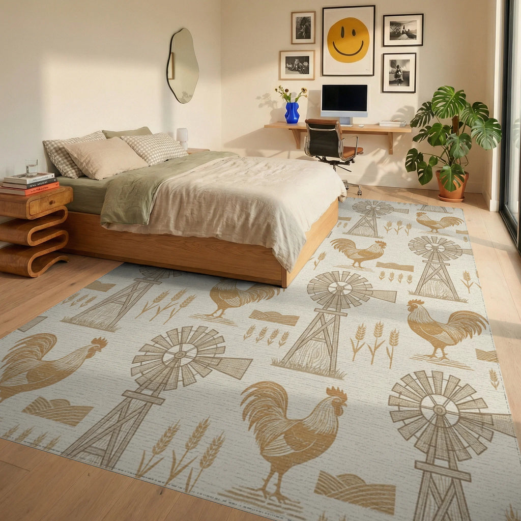 Golden Rooster Windmill Wheat Field Rug Bedroom View