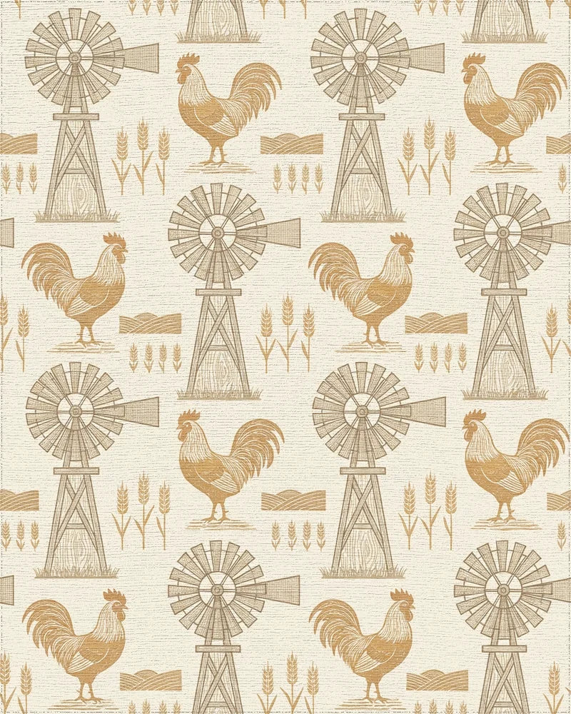 Golden Rooster Windmill Wheat Field Rug - Cutout View