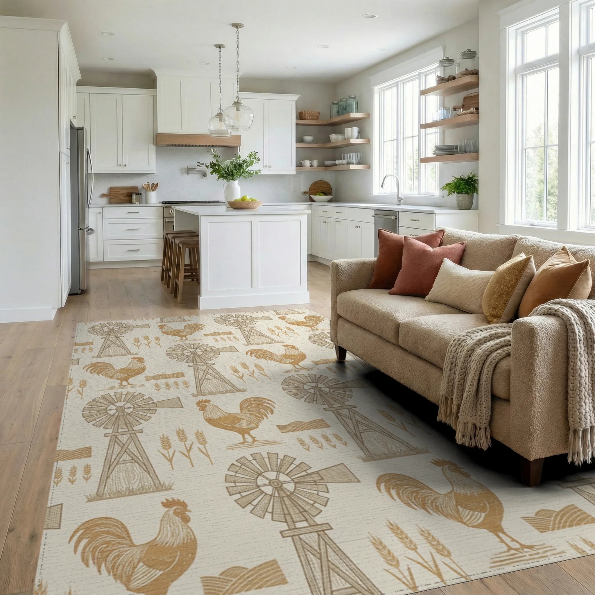 Golden Rooster Windmill Wheat Field Rug Living Room View