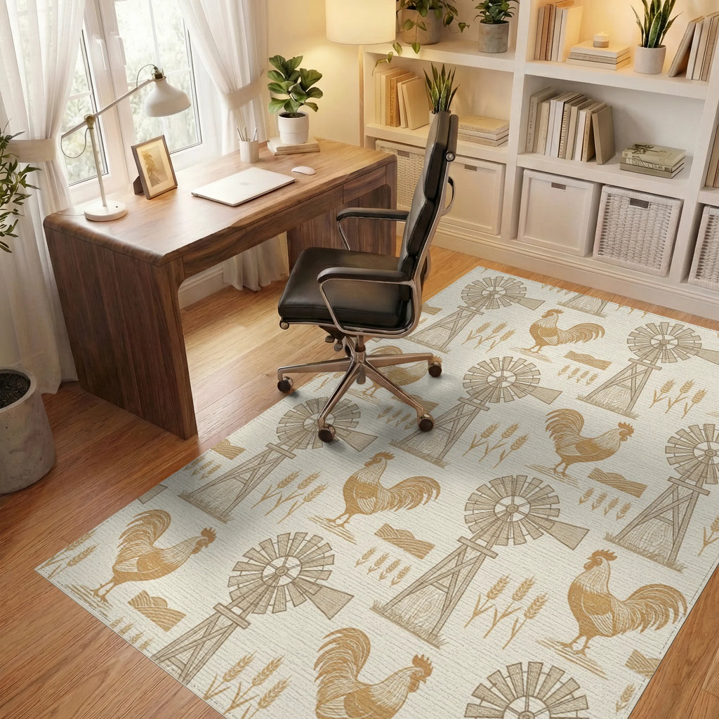 Golden Rooster Windmill Wheat Field Rug Office View