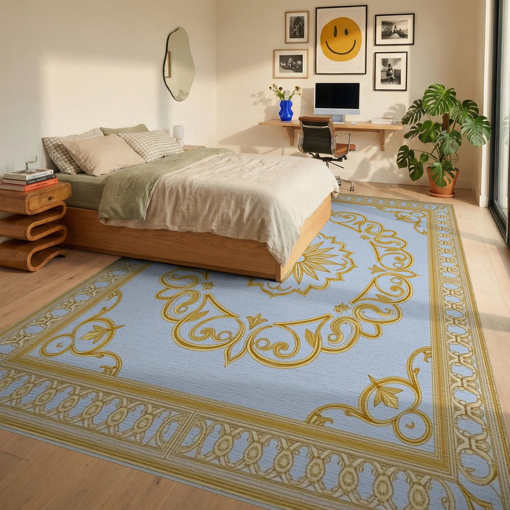 Golden Scrollwork With Sunburst Motif Rug Bedroom View