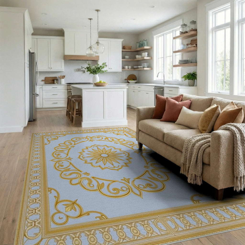 Golden Scrollwork With Sunburst Motif Rug Living Room View