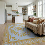 Golden Scrollwork With Sunburst Motif Rug Living Room View
