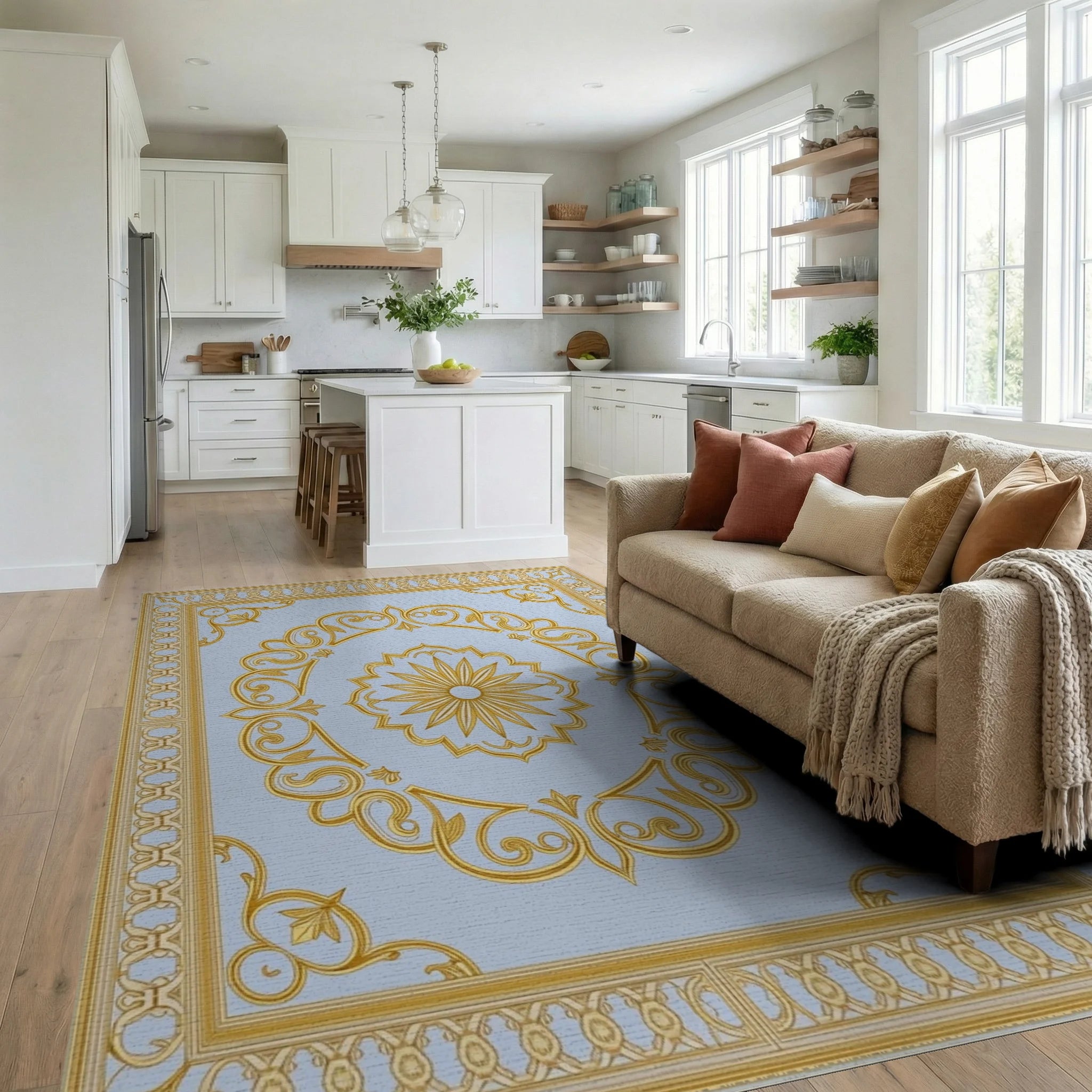 Golden Scrollwork With Sunburst Motif Rug Living Room View