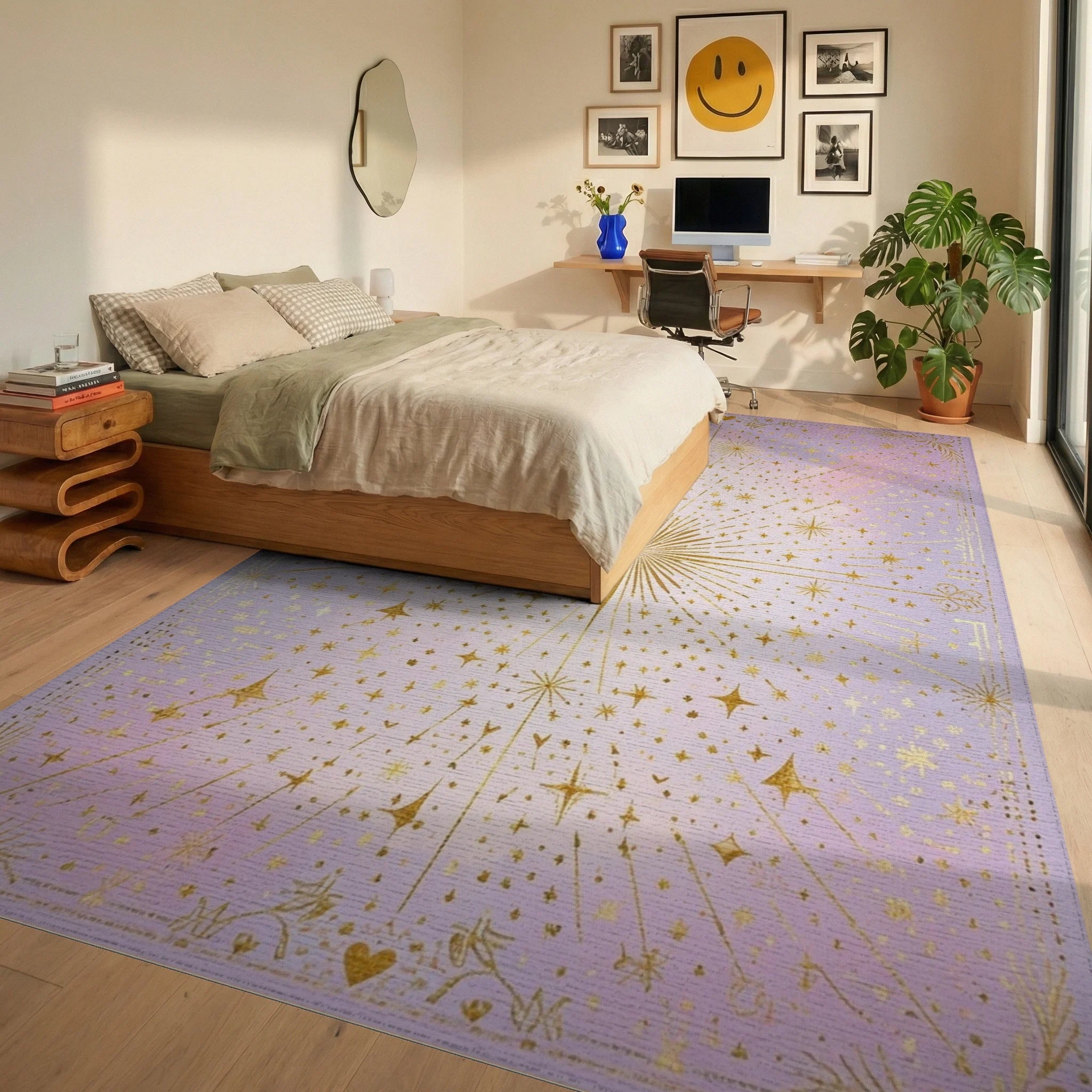 Golden Starburst Celestial Pattern Rug - Bedroom View