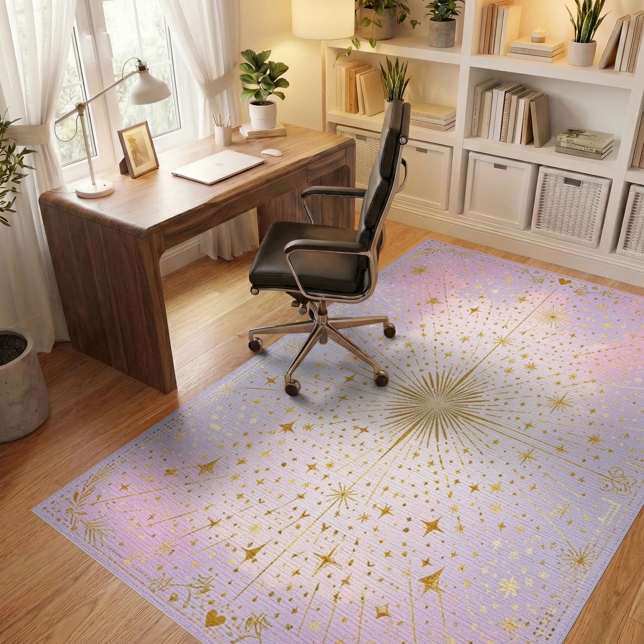 Golden Starburst Celestial Pattern Rug - Office View