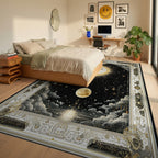 Golden Sun Moon Cosmic Night Sky Rug - Bedroom View