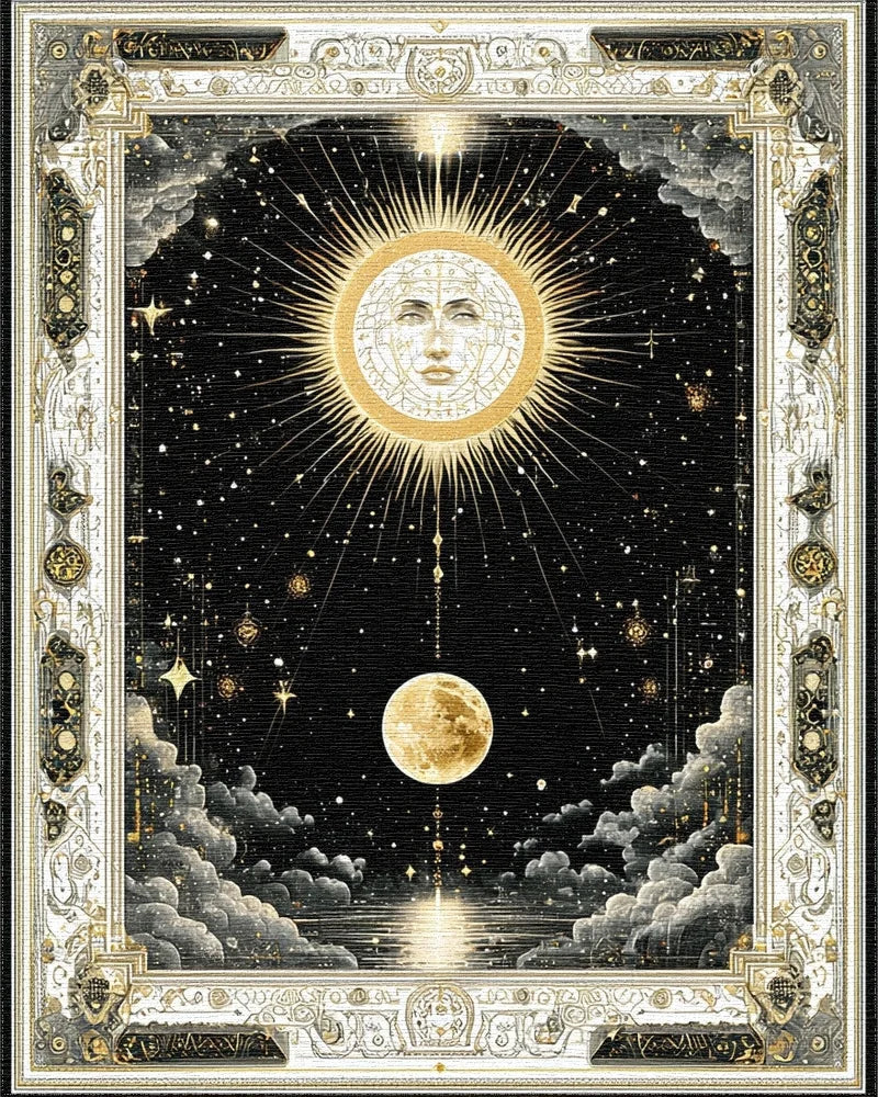 Golden Sun Moon Cosmic Night Sky Rug - Cutout View