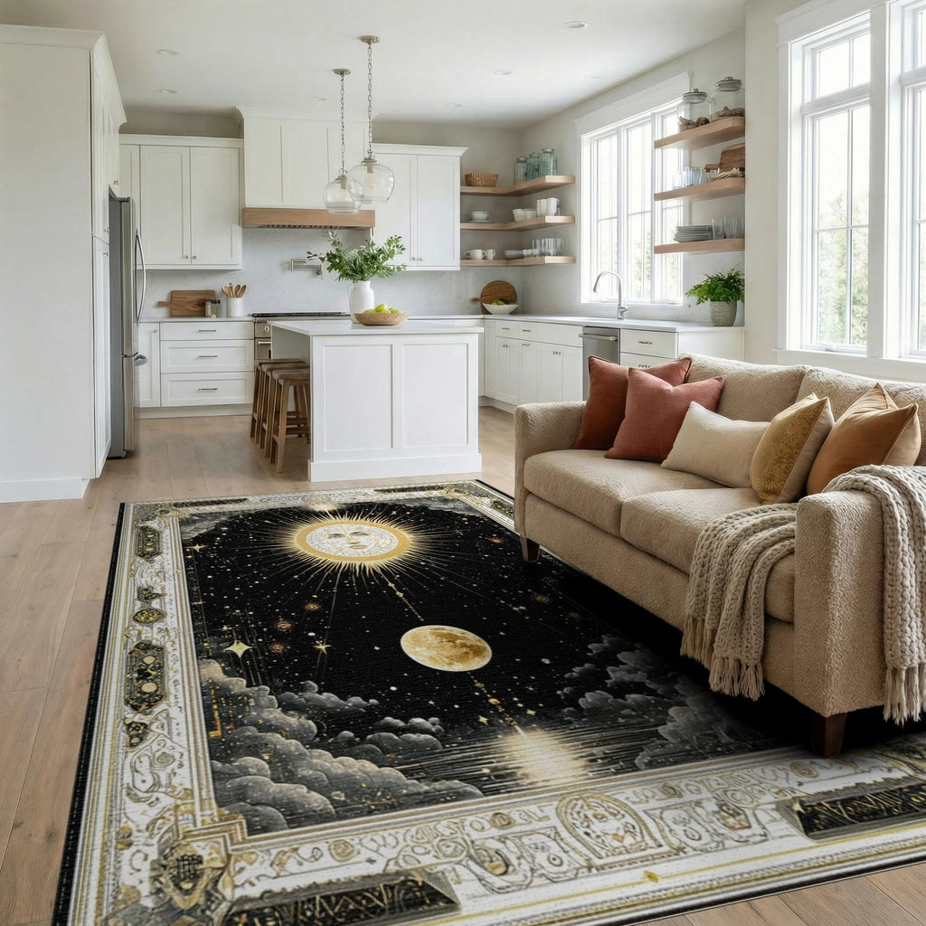 Golden Sun Moon Cosmic Night Sky Rug - Living Room View
