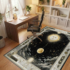 Golden Sun Moon Cosmic Night Sky Rug - Office View