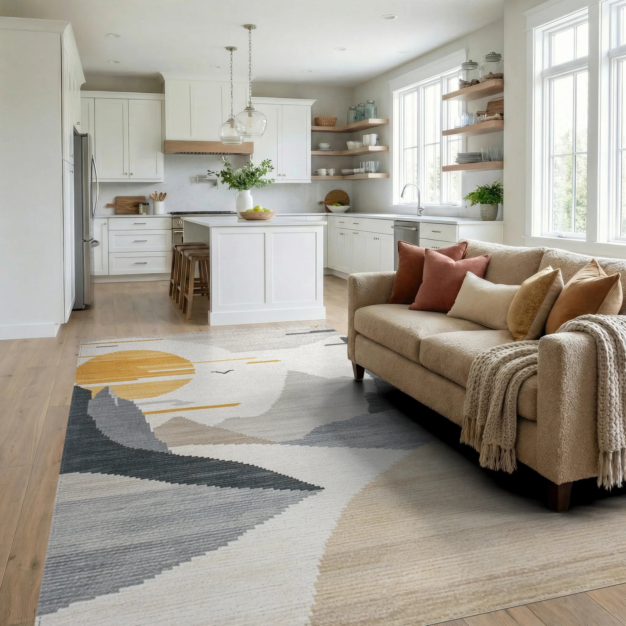 Golden Sun Mountain Landscape Rug - Living Room View