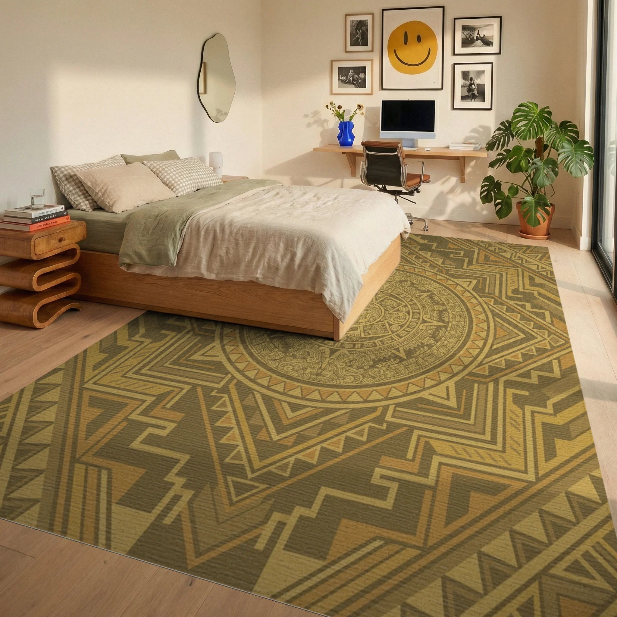 Golden Sun Stone Geometric Medallion Rug Bedroom View