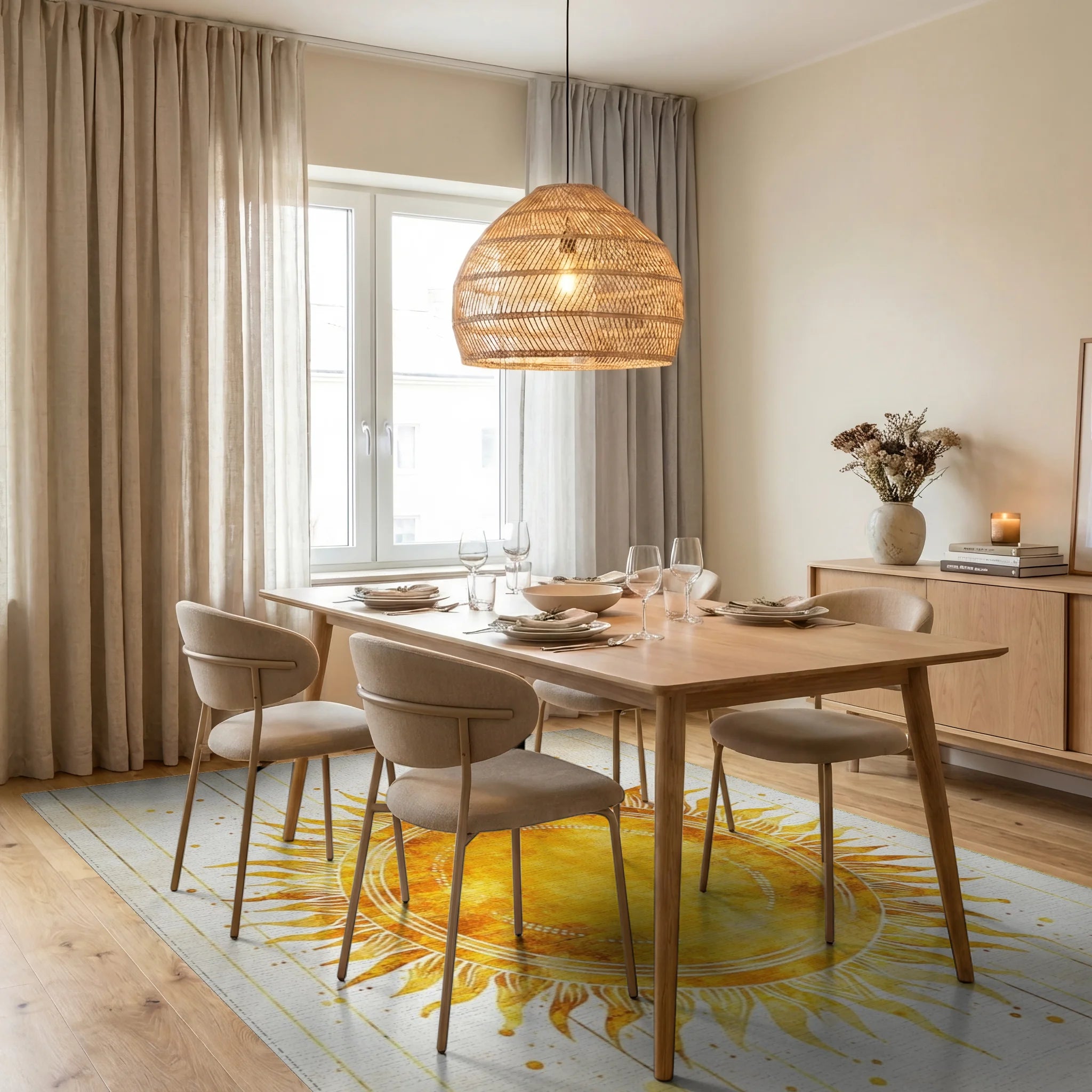 Golden Sunburst Shimmering Radiance Rug - Dining Room View