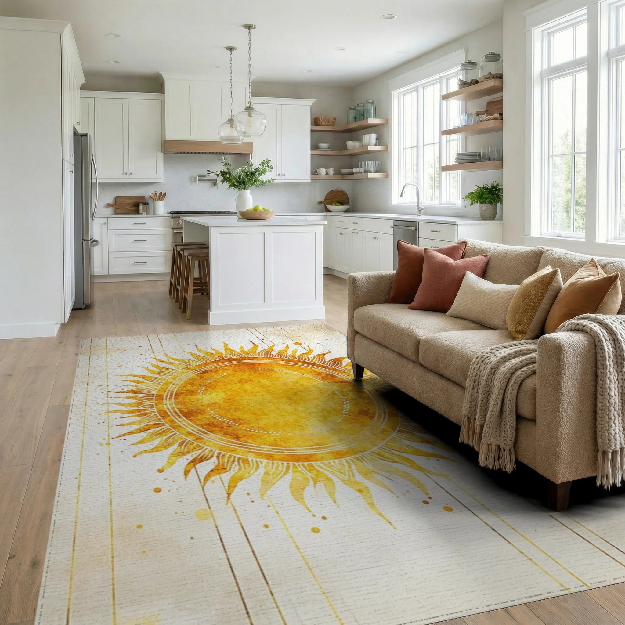 Golden Sunburst Shimmering Radiance Rug - Living Room View
