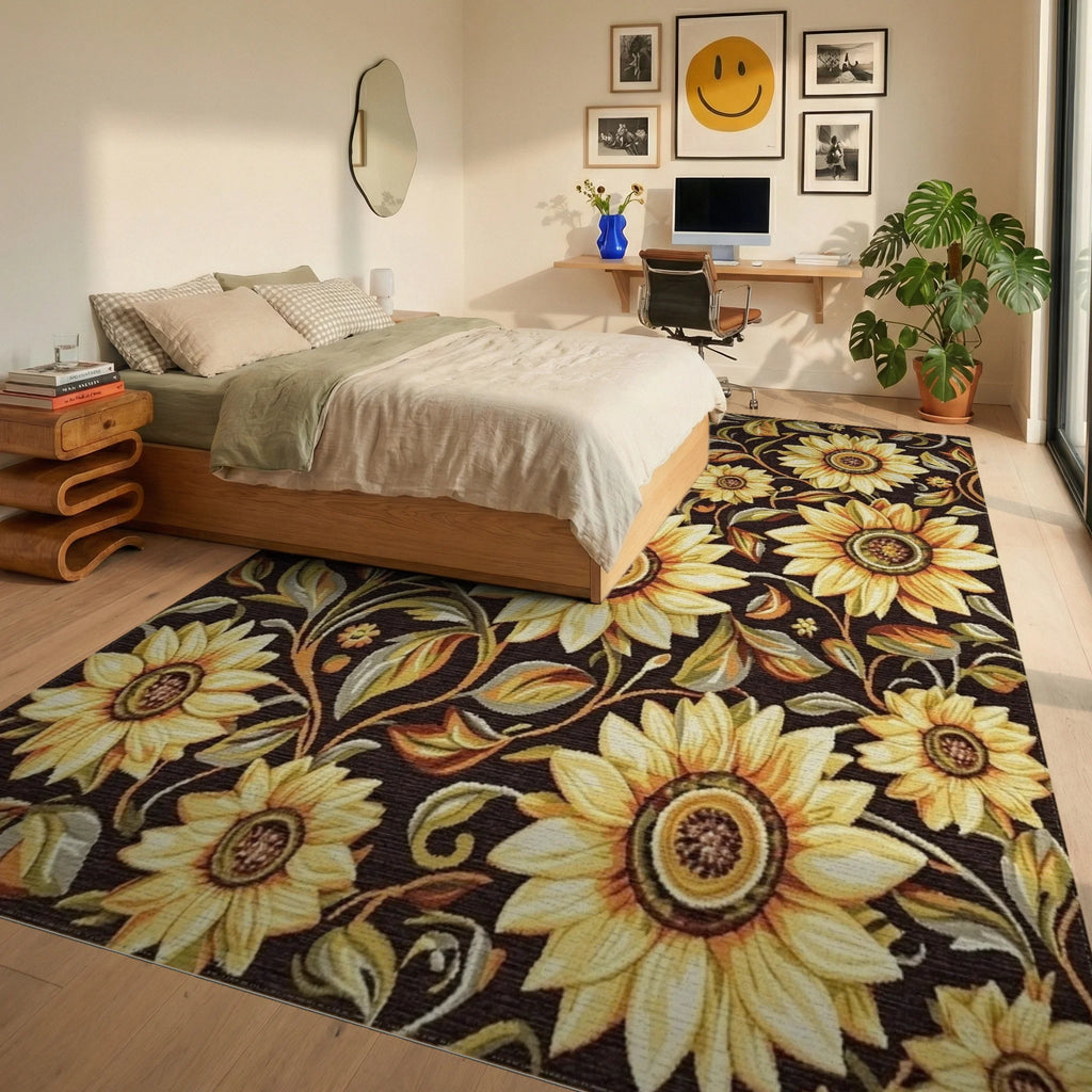 Golden Sunflower Floral Patterned Rug - Bedroom View
