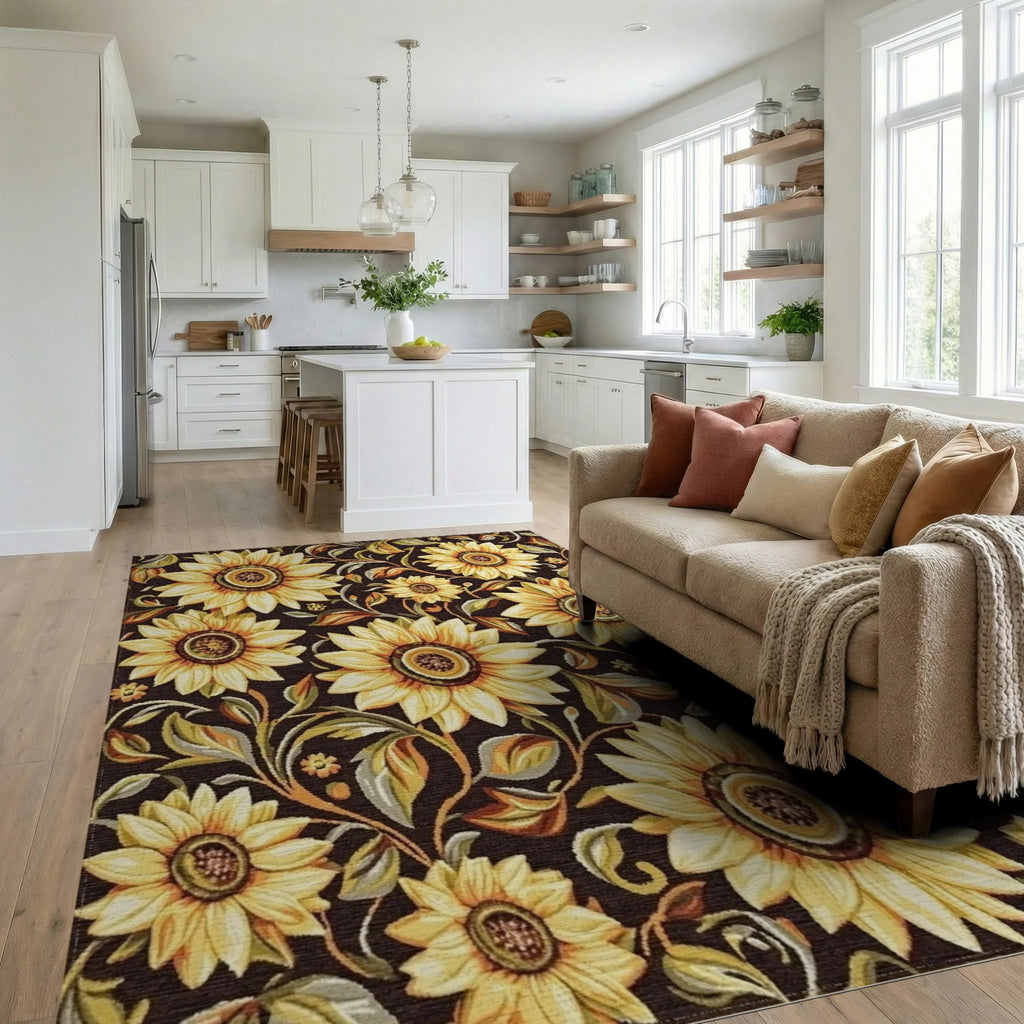 Golden Sunflower Floral Patterned Rug - Living Room View