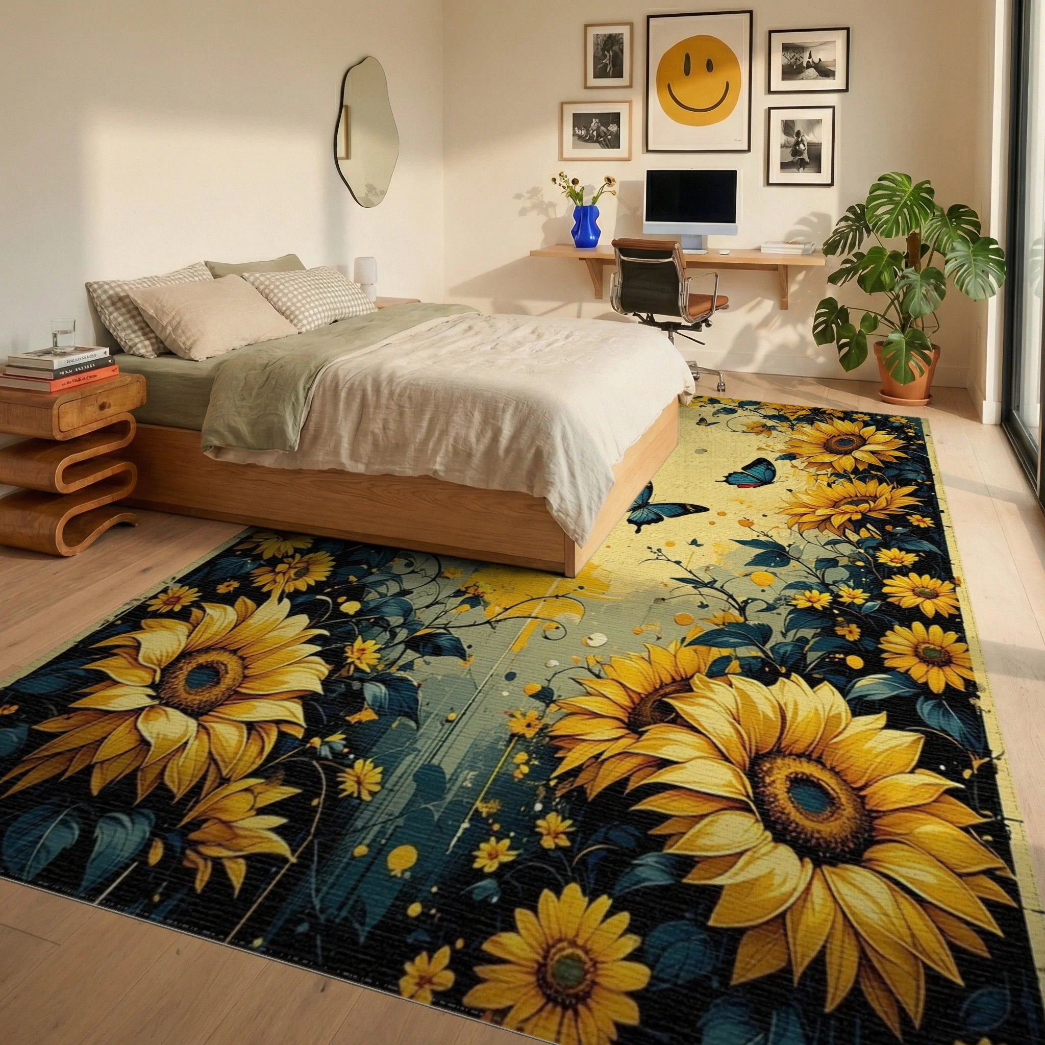 Golden Sunflowers Blue Butterflies Garden Rug - Bedroom View