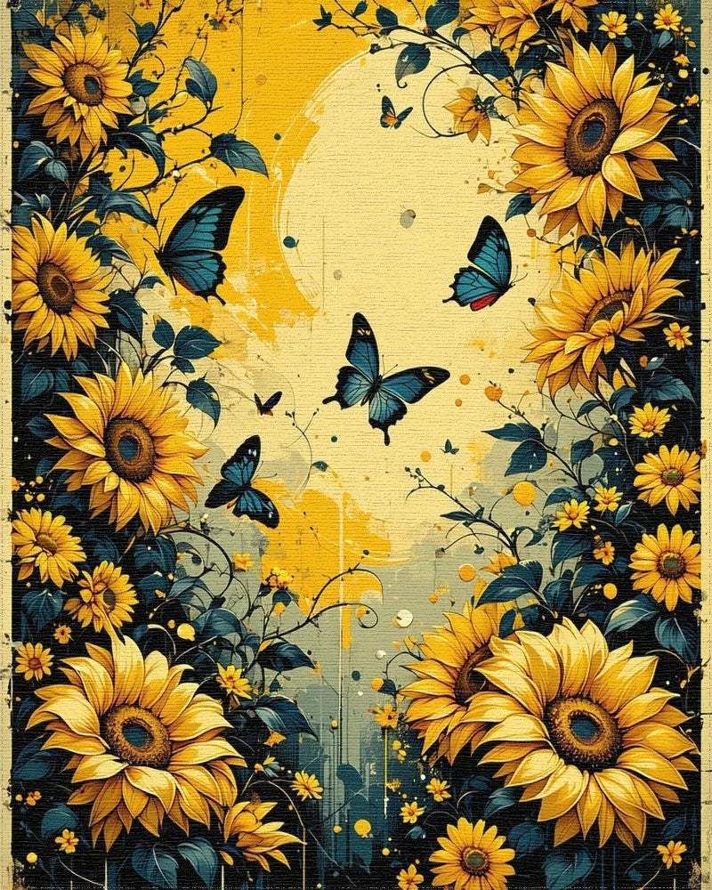 Golden Sunflowers Blue Butterflies Garden Rug - Cutout View