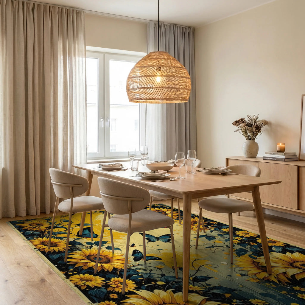 Golden Sunflowers Blue Butterflies Garden Rug - Dining Room View