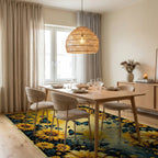 Golden Sunflowers Blue Butterflies Garden Rug - Dining Room View