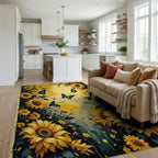 Golden Sunflowers Blue Butterflies Garden Rug - Living Room View
