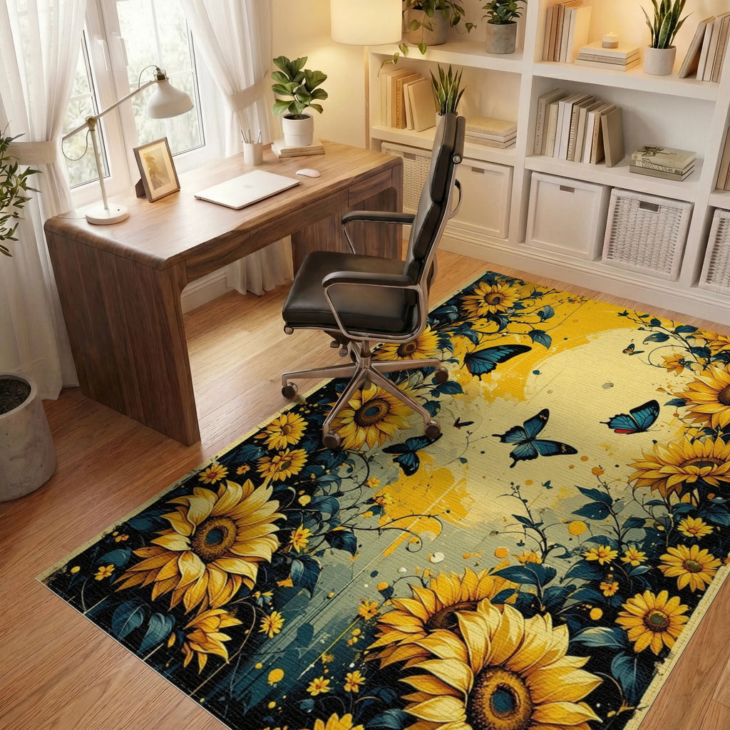 Golden Sunflowers Blue Butterflies Garden Rug - Office View