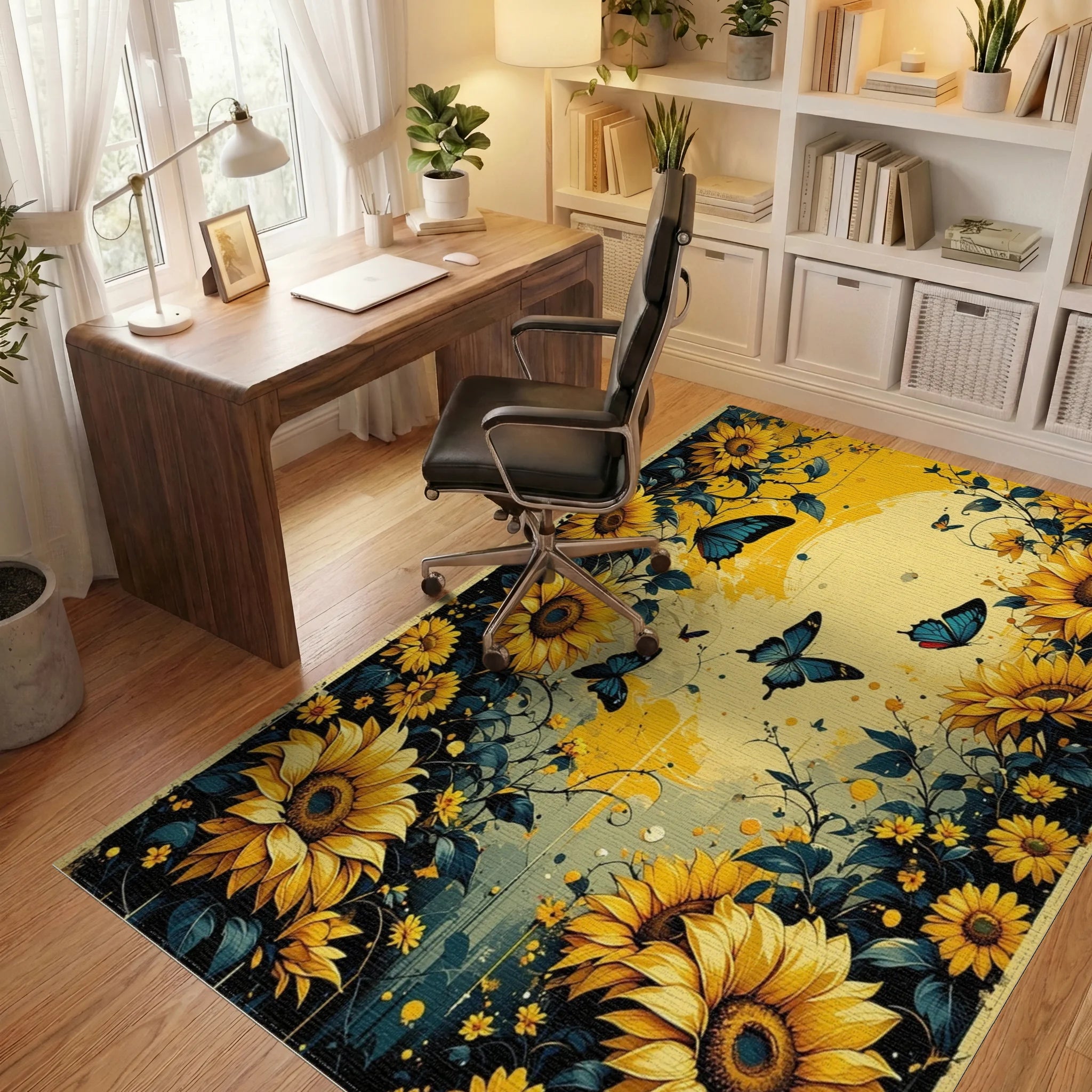 Golden Sunflowers Blue Butterflies Garden Rug - Office View