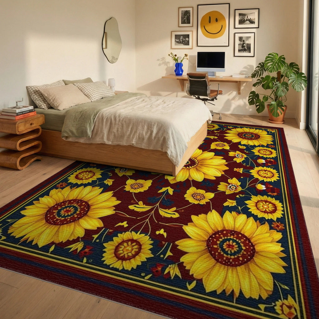 Golden Sunflowers Burgundy Navy Rug - Bedroom View