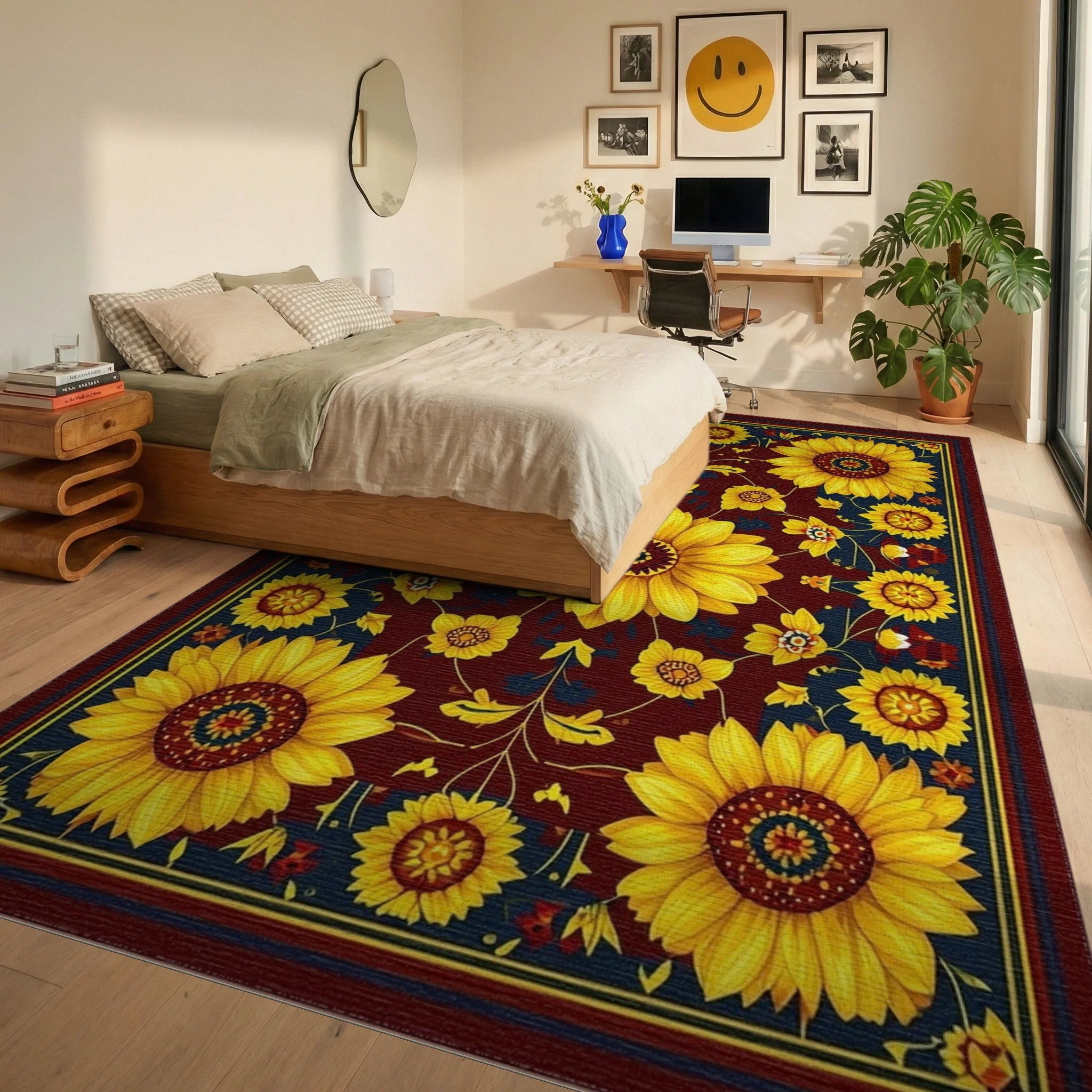 Golden Sunflowers Burgundy Navy Rug - Bedroom View