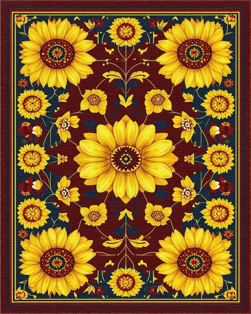 Golden Sunflowers Burgundy Navy Rug - Cutout View