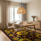 Golden Sunflowers Burgundy Navy Rug - Dining Room View
