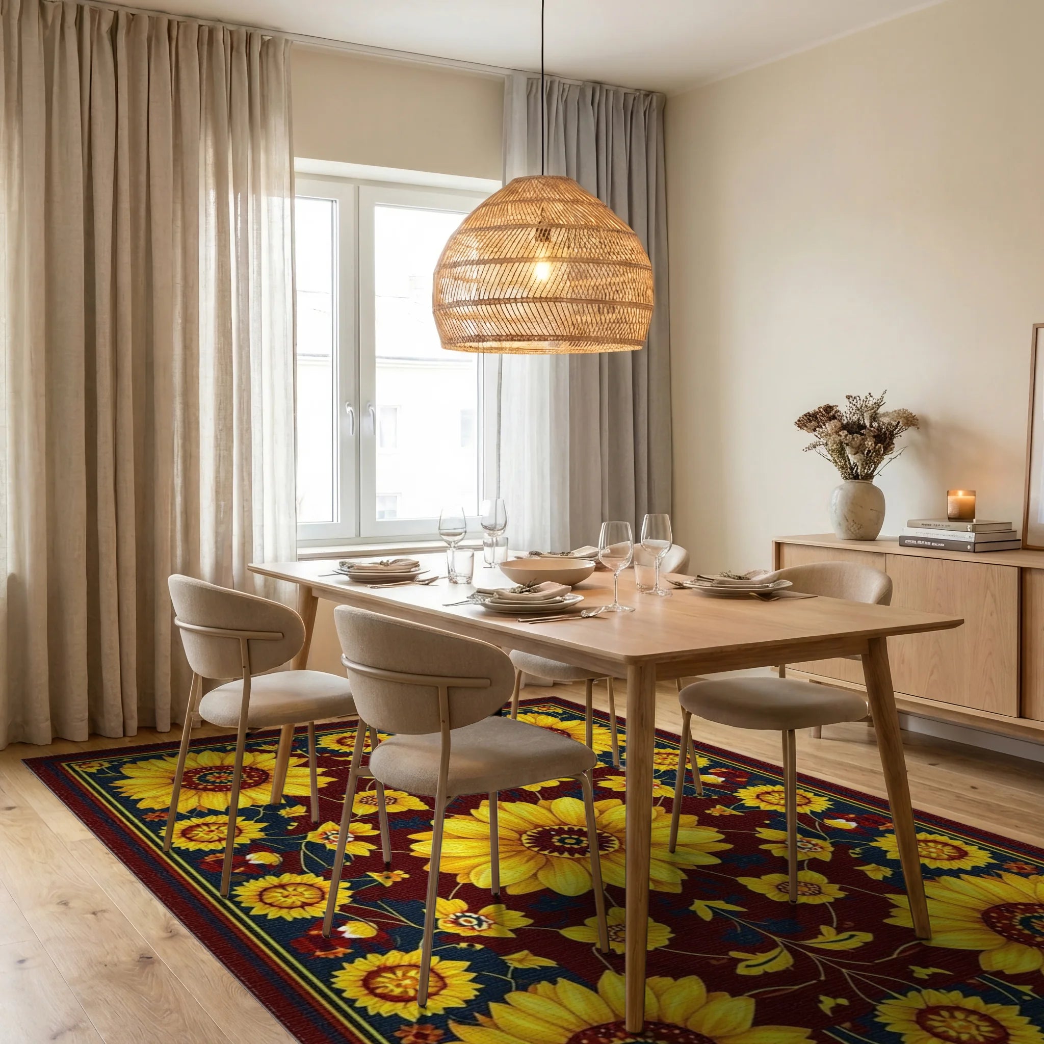 Golden Sunflowers Burgundy Navy Rug - Dining Room View