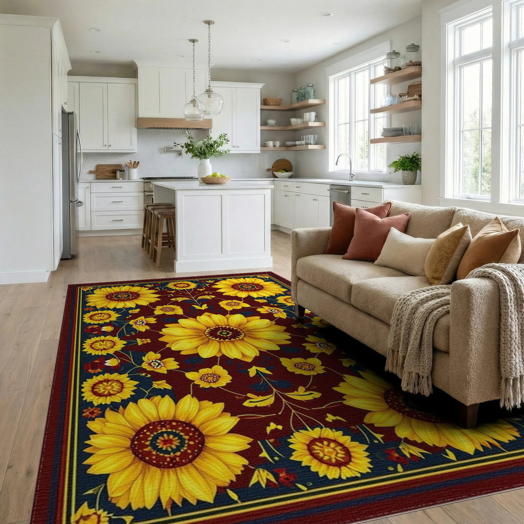 Golden Sunflowers Burgundy Navy Rug - Living Room View