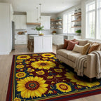 Golden Sunflowers Burgundy Navy Rug - Living Room View