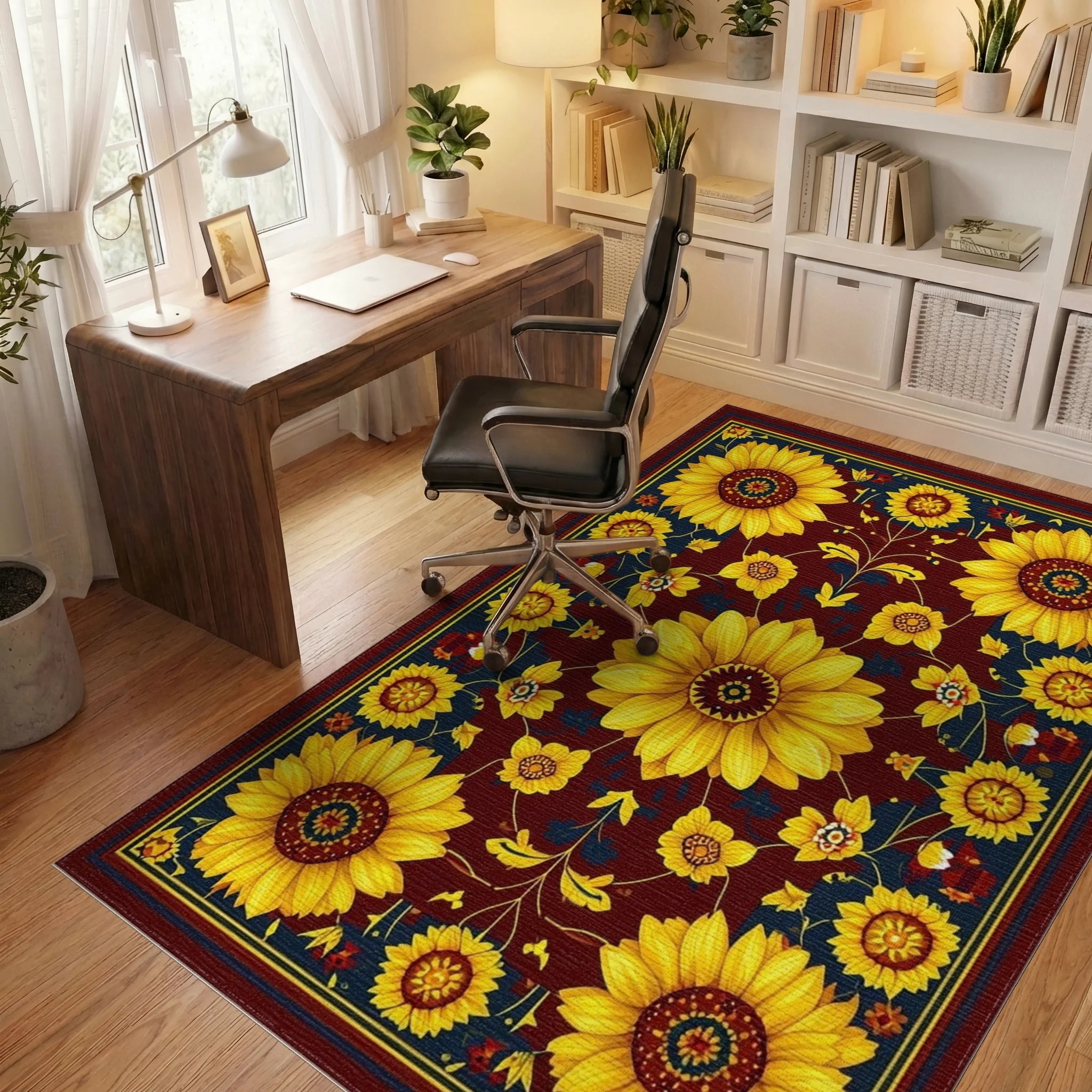Golden Sunflowers Burgundy Navy Rug - Office View