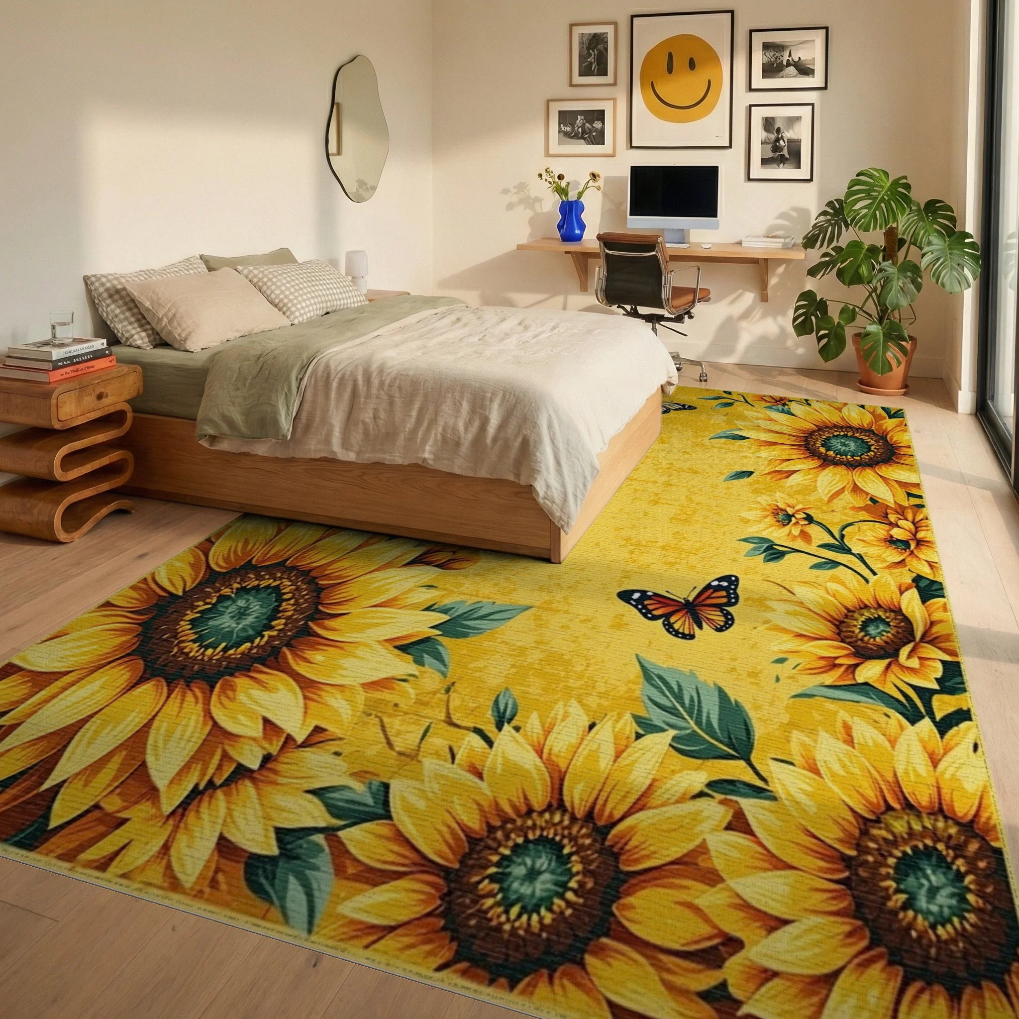 Golden Sunflowers Butterflies Yellow Meadow Rug - Bedroom View