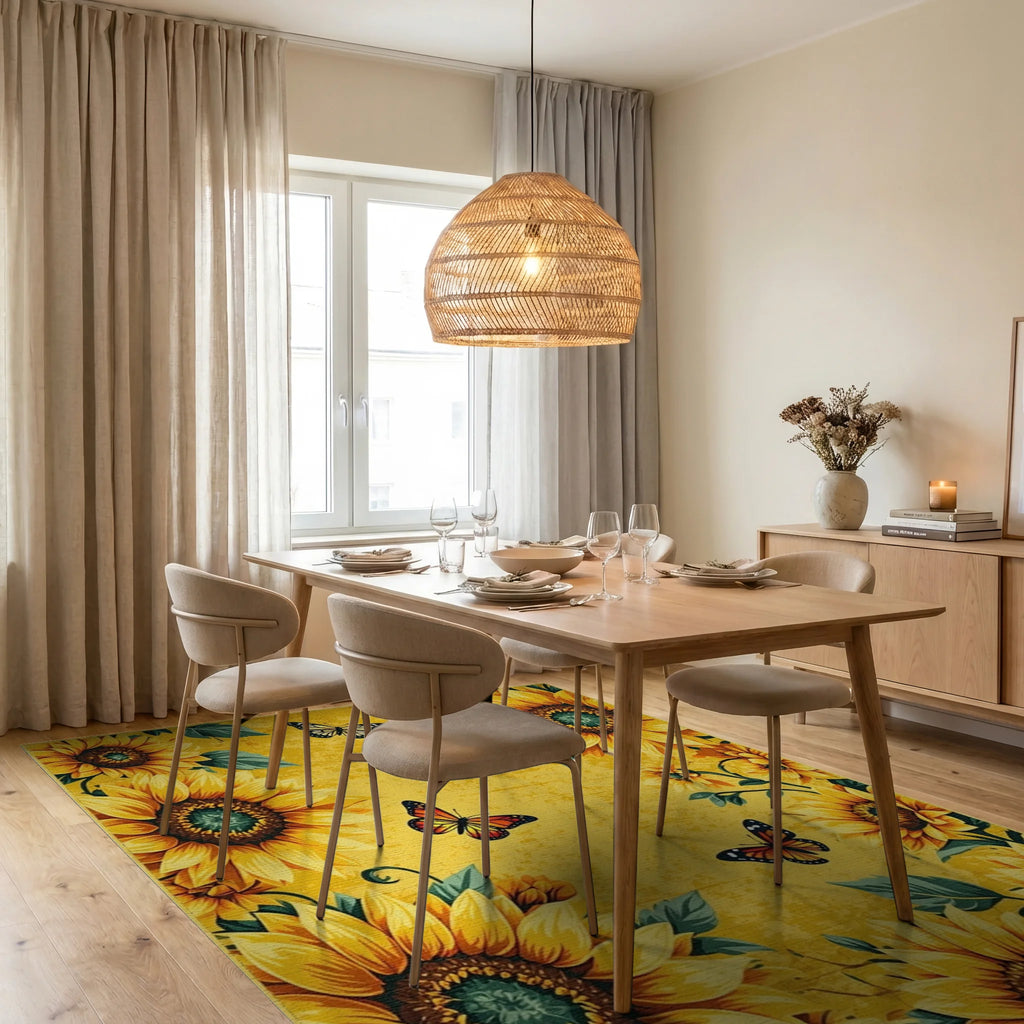 Golden Sunflowers Butterflies Yellow Meadow Rug - Dining Room View