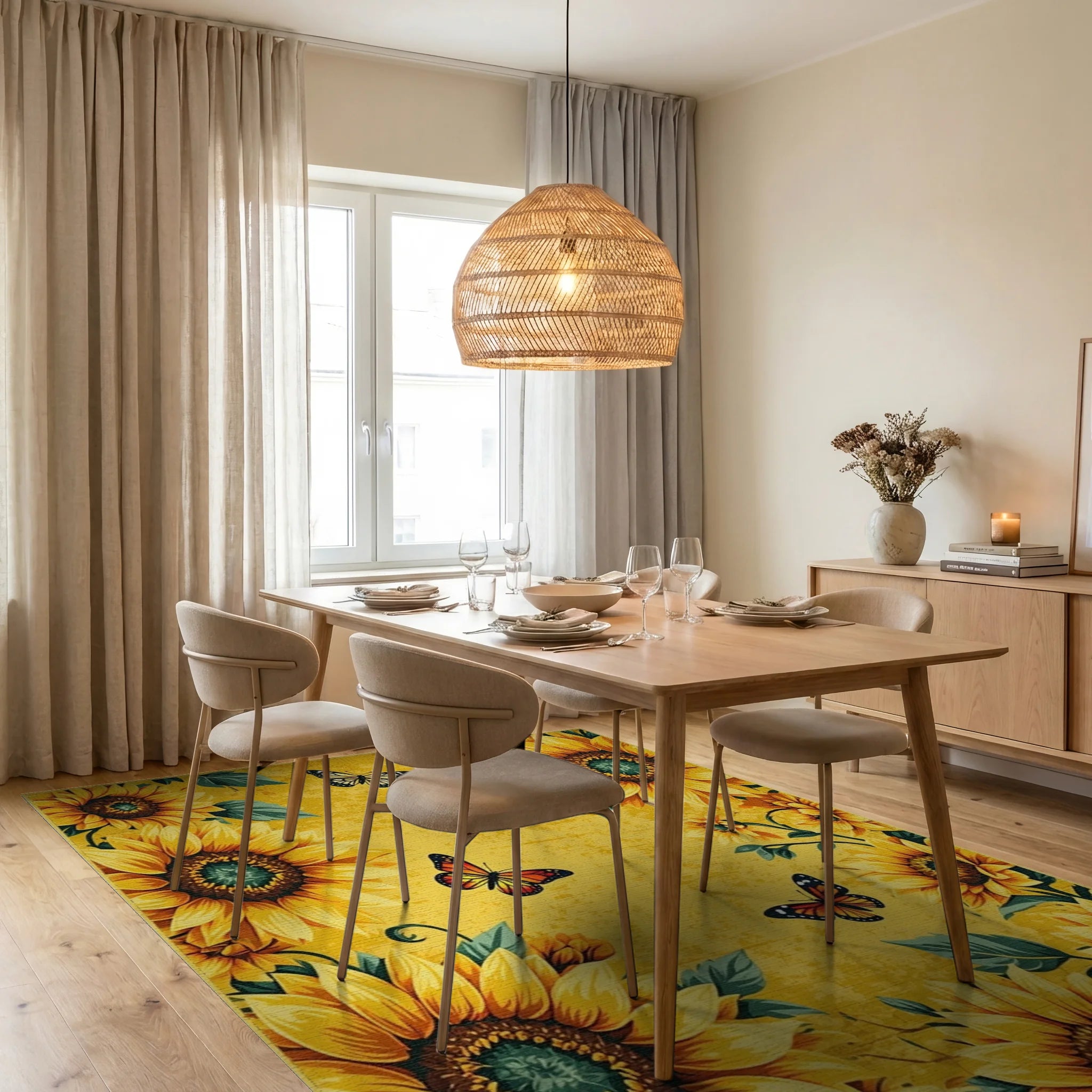 Golden Sunflowers Butterflies Yellow Meadow Rug - Dining Room View