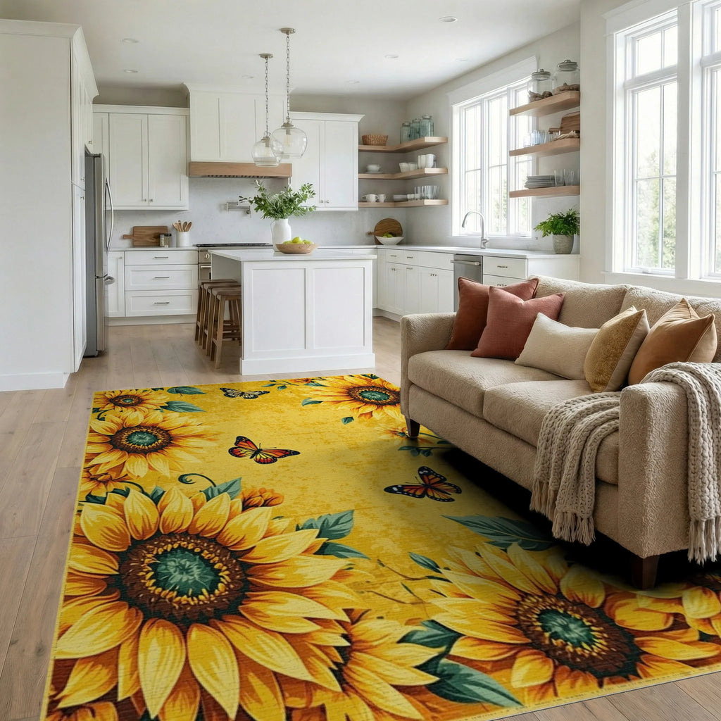 Golden Sunflowers Butterflies Yellow Meadow Rug - Living Room View