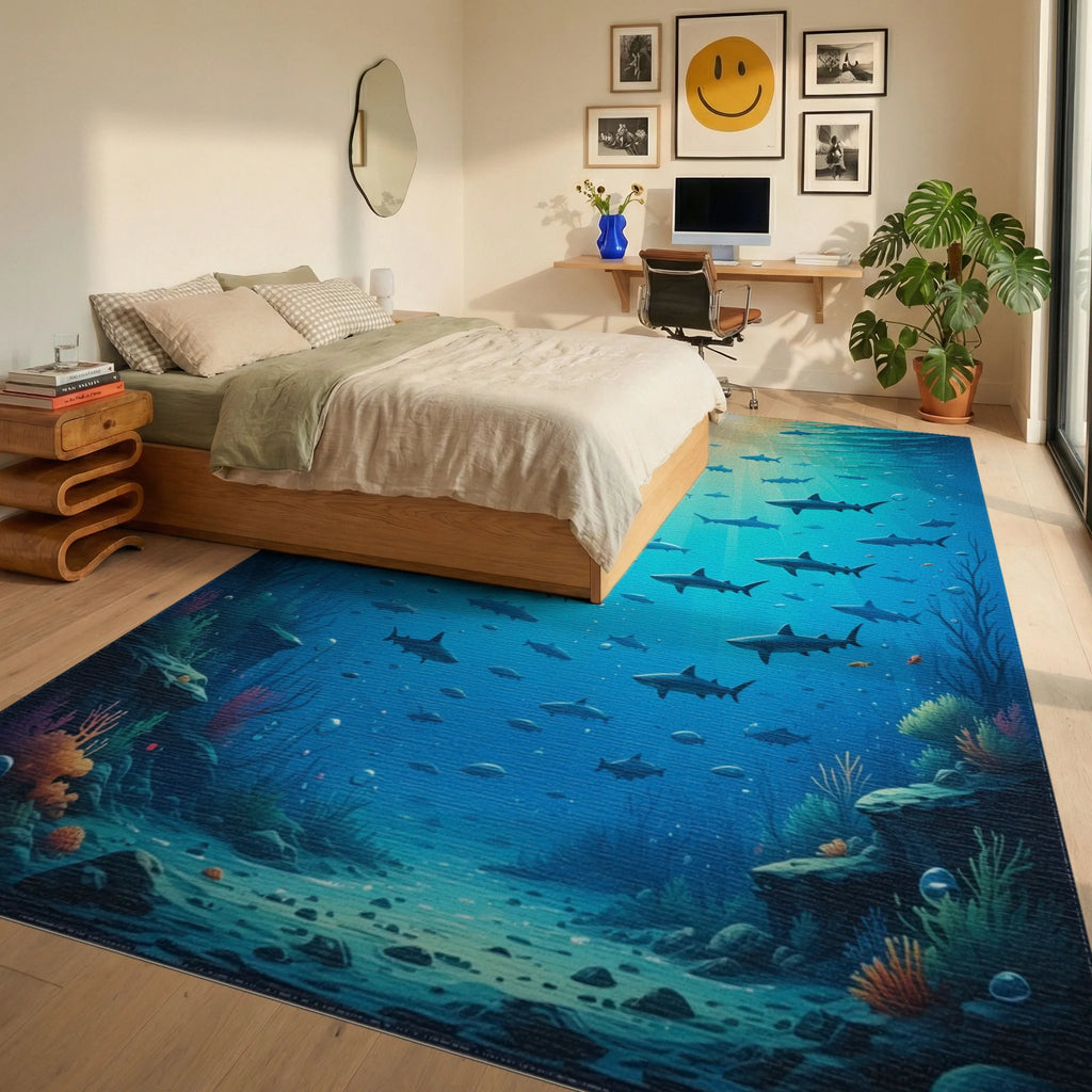 Golden Sunrays Sharks Deep Ocean Rug - Bedroom View