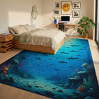 Golden Sunrays Sharks Deep Ocean Rug - Bedroom View