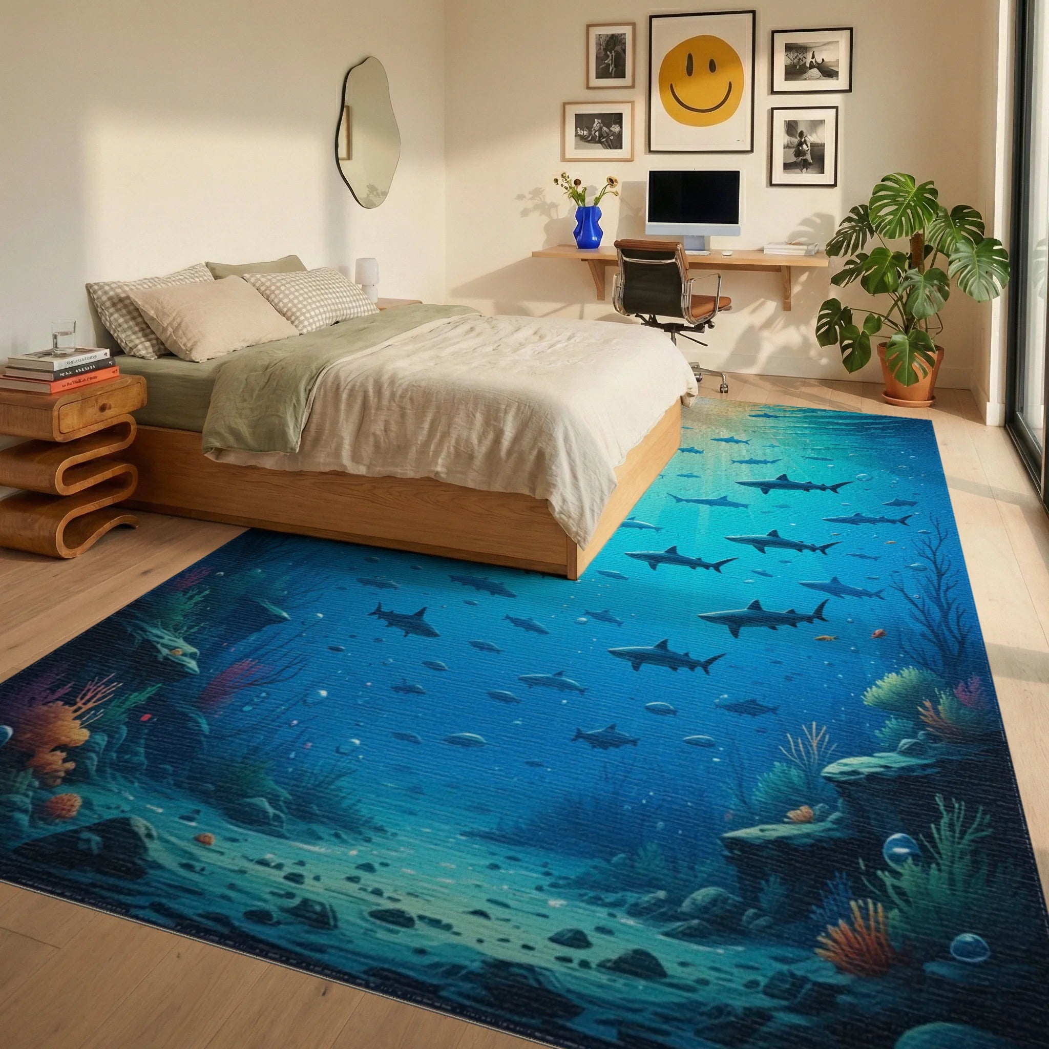 Golden Sunrays Sharks Deep Ocean Rug - Bedroom View