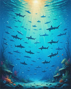 Golden Sunrays Sharks Deep Ocean Rug - Cutout View