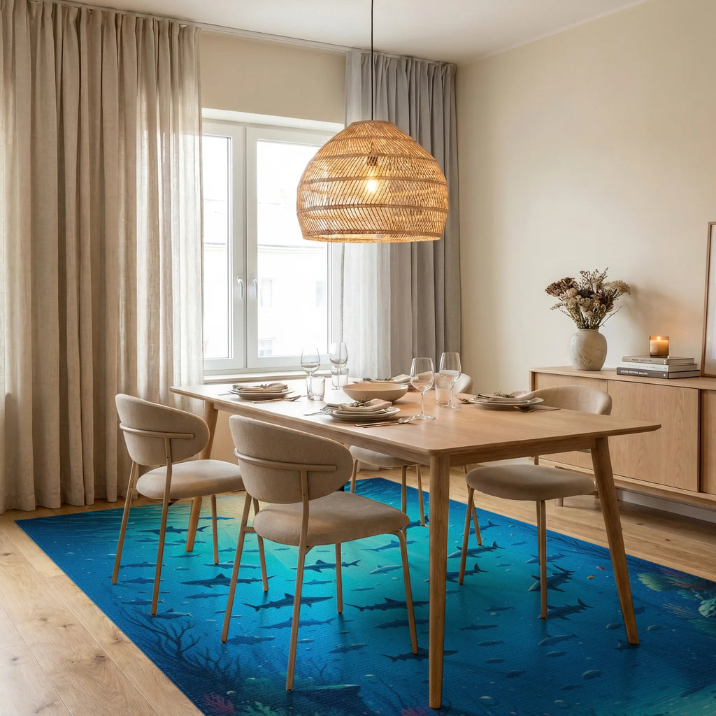 Golden Sunrays Sharks Deep Ocean Rug - Dining Room View
